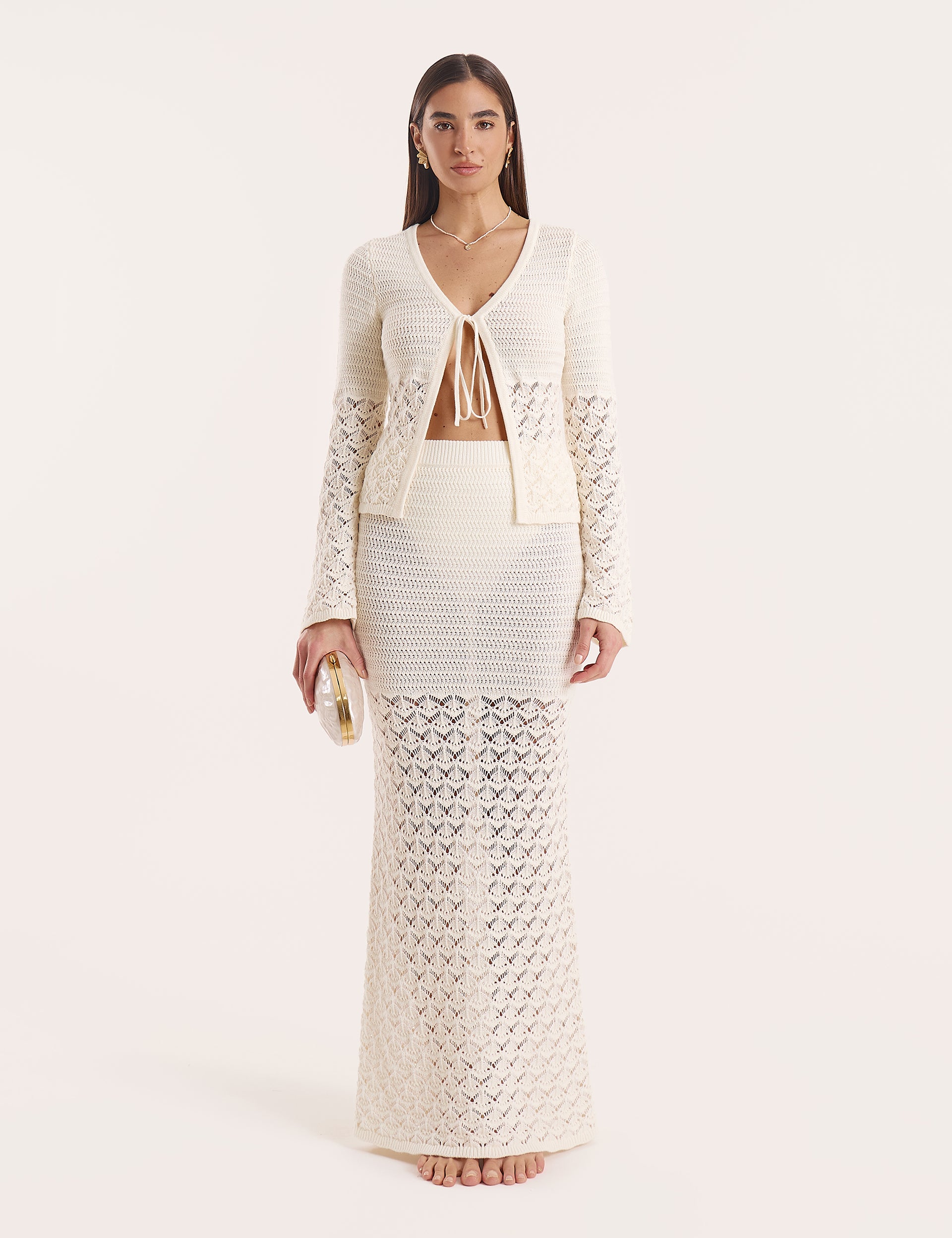 Cream Crochet Drop Waist Maxi Skirt